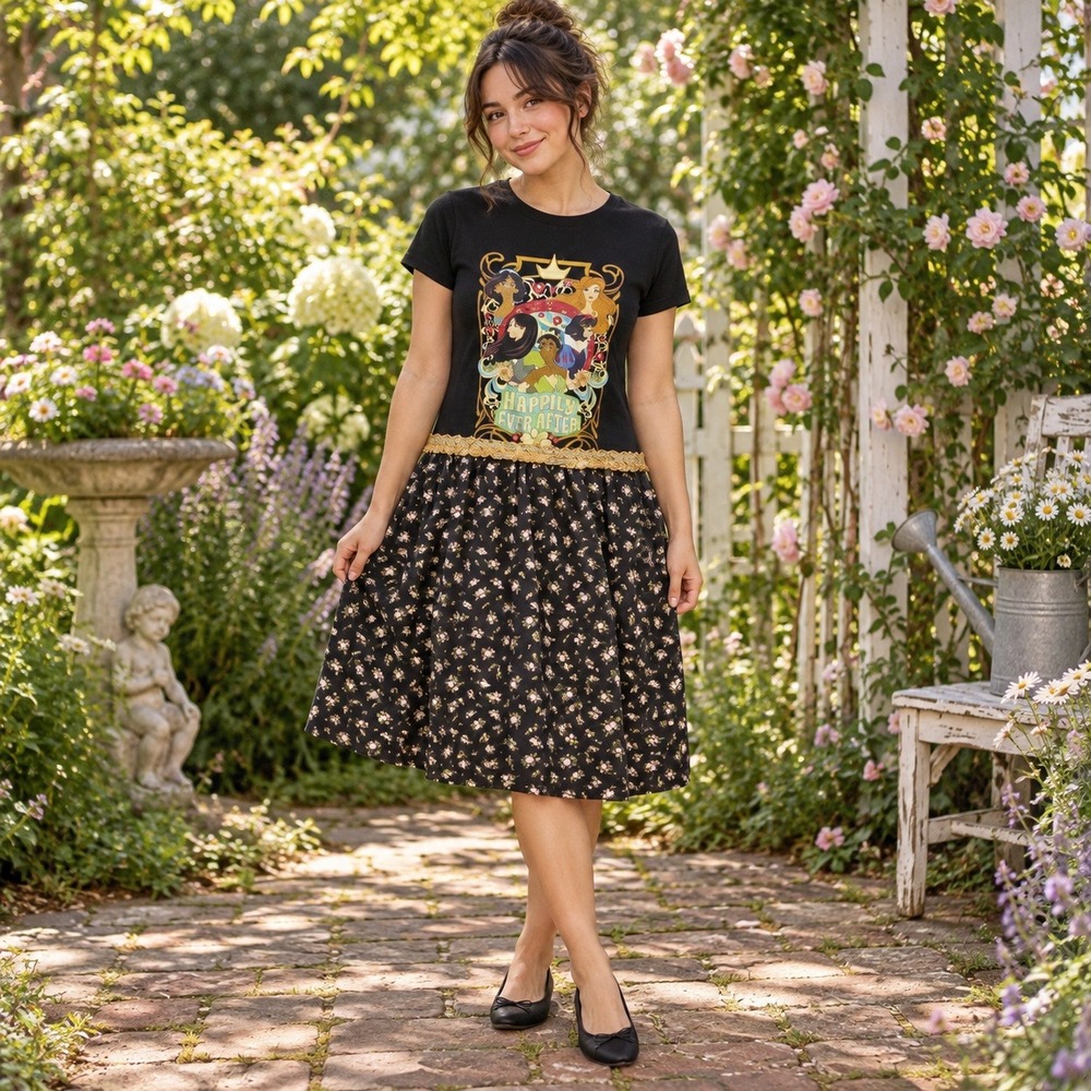 Upcycled Disney Princess Floral T-Shirt Dress XS Cottagecore Whimsical